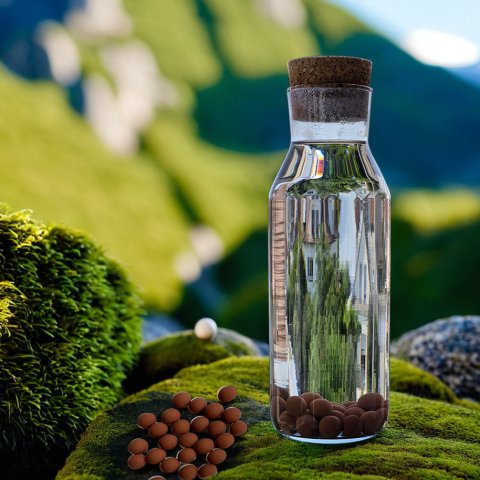Bouteille en verre avec billes QELBY dans un décor de montagne